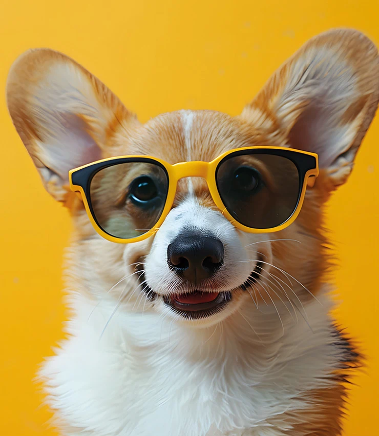 un perrito alegre con gafas de sol amarillas